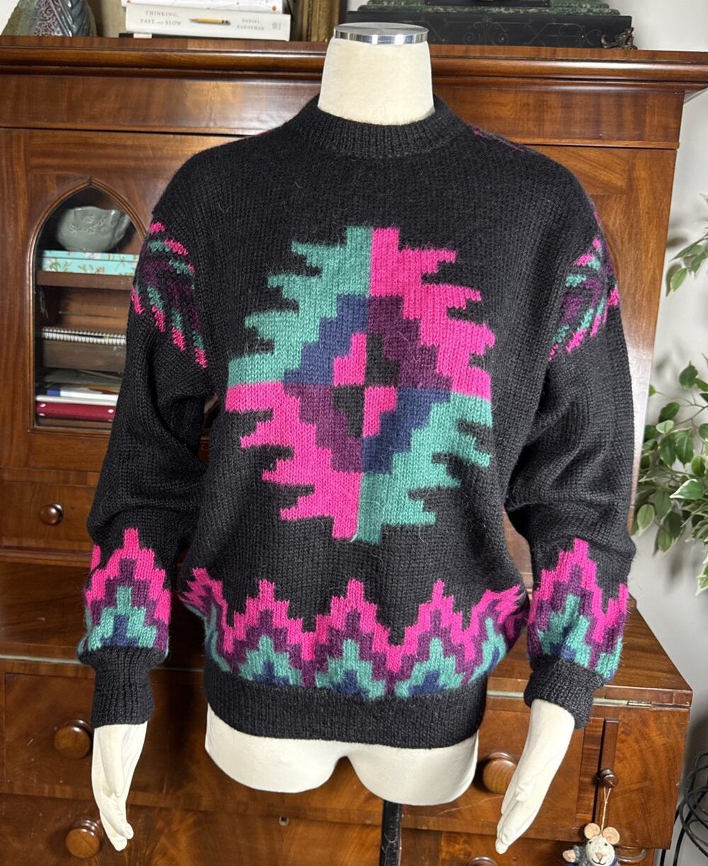 Vtg Colecciones Del Ande 100% Alpaca Sweater Peru Hand Knit Neon Aztec 80s 90s